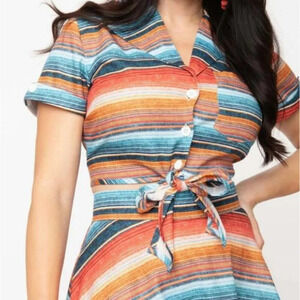 Unique Vintage Multicolor Striped Tie-Front Crop Top